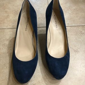 Marc Fisher, blue suede, platform heel